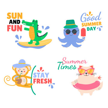 Cartoon summer cute kawaii animals. Crocodile, cat, octopus, monkey