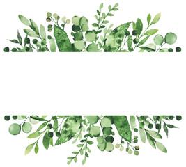 Watercolor greenery frame illustration isolated on white background. Spring foliage green leaves wreath border, botanical frame