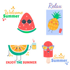 Cartoon summer cute doodle  kawaii ice cream, watermelon, pineapple, lime. 