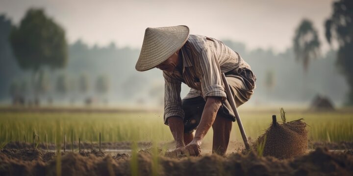 Old farmer planting rice in paddy field. The Farmer working on rice plantation. Taste of heritage. Generative AI
