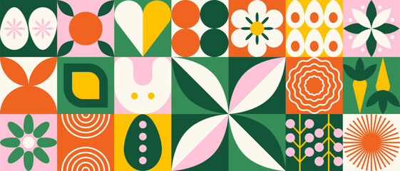 Abstract geometric spring pattern. Natural flower plants eggs simple shape, Easter ornament bauhaus style. Vector art