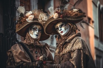 Mysterious Masquerade: Traditional Carnival Costume and Masks in Venice, Italy: Generative AI