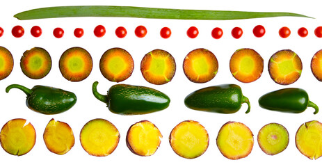 Pattern of sliced vegetables. Food ingredients. No background. Silhouette