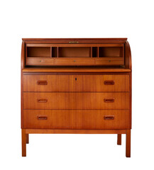 Vintage beautiful roll-top desk. Wooden mid-century modern set of drawers. No background.