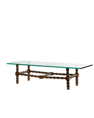 Glass top table with carved bamboo motif base. Stylish vintage coffee table. No background