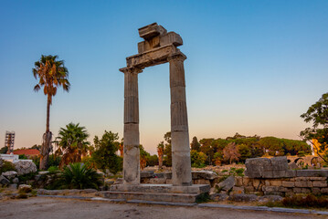 Sunset view of shrine of Aphrodite at ancient agora at Greek island Kos