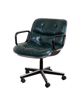 recommend clip art: Midcentury Modern Green Leather Pollock Office Desk Chair on wheels with no background.
