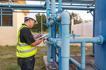 Environmental engineers work at wastewater treatment plants,Male plumber technician working at water supply