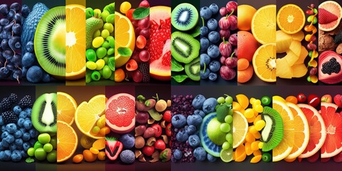 Background of mixed fruits and vegetables. Fresh ripe color food by ai generative
