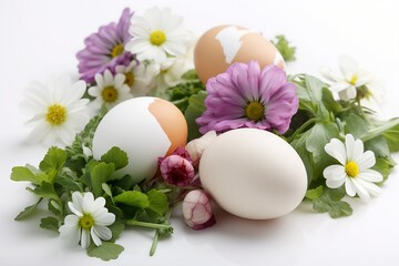 Fototapeta na wymiar Easter eggs and flowers composition