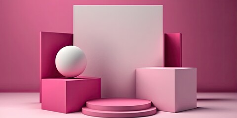 Empty podium mock up display, blank cosmetic ads stand product placement fashion ads on minimal pink color background, pedestal mockup scene platform ai generative promotion concept.