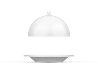 Obraz premium White plastic restaurant cloche plate mockup on isolated white background, 3d render illustration