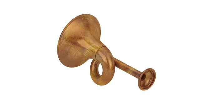 4k Resolution Video: Copper Hunting Horn Seamless Looped Rotating on a white background with Alpha Matte