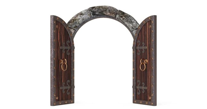 4k Resolution Video: Medieval Arch Wooden Castle Gate with Opening Doors on a white background with Alpha Matte