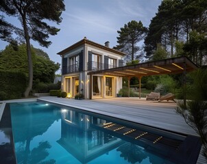 Fototapeta premium Luxury stone classic updated villa with swimming pool and garden, generative ai