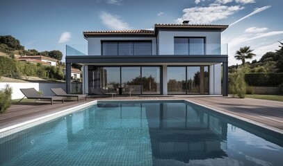 Fototapeta premium Luxury traditional French mansion with pool and garden, generative ai