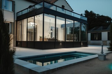 Obraz premium Luxury stone French mansion with veranda pool and garden, generative ai