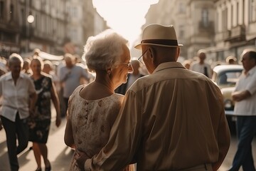 Fototapeta premium Senior romance, Active elderly couple holding each other on the street, generative ai