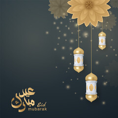 Eid Mubarak arabic calligraphy realistic golden flower morocco muslim background and lanttern ornament design for greeting