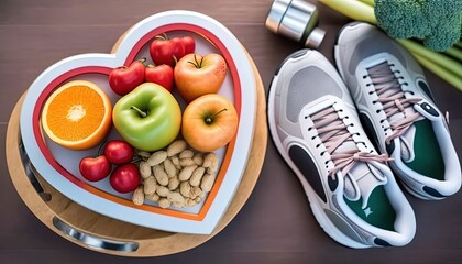 Healthy lifestyle concept, eating clean food good health dietary in heart dish with sporty aerobic body exercise workout training class gym equipment, by Ai generative