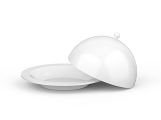 White plastic restaurant cloche plate mockup on isolated white background, 3d render illustration © devrawat21