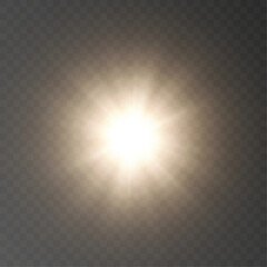 Glowing light explodes, light flash. Beam of the shining sun. Special glare light effect. Bright flash.