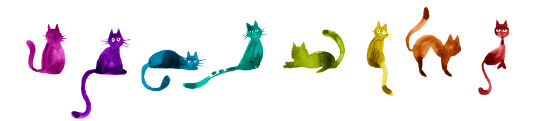 Set of colorful rainbow silhouettes of watercolor cat isolated on white background. Hand drawn watercolor illustration.