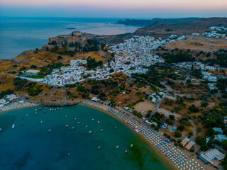 Sunset panorama of Greek town Lindos at Rhodes island