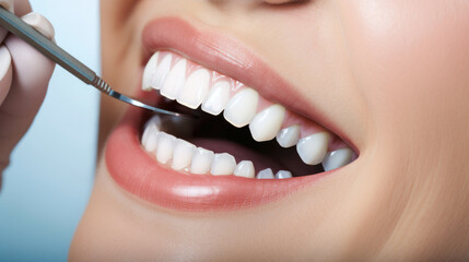 Fototapeta premium Orthodontic examination of teeth, young woman patient examine teeth while visiting professional doctor. Checkup, teeth examination. Generative AI