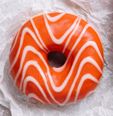 Watercolor orange donut. top view.