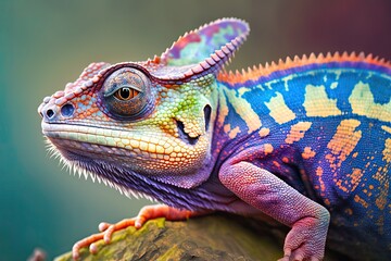 Obraz premium Colorful chameleon on a branch, a creative concept of adaptation and transformation. Generative AI