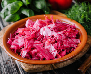 Salad with cabbage and beetroot on wooden table