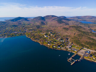 Obraz premium Bar Harbor Ferry Terminal aerial view with Cadillac Mountain in Acadia National Park at the background on Mt Desert Island, Bar Harbor, Maine ME, USA. 