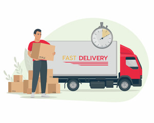 Fast delivery concept. The courier delivers the box. Express delivery for applications and websites. Chronometer, fast service 24 by 7.