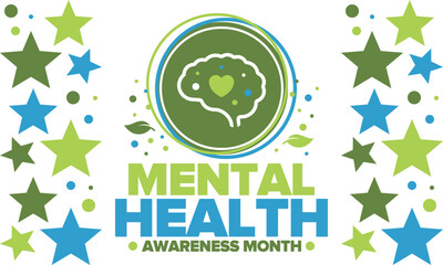 Mental Health Awareness Month in May. Annual campaign in United States. Raising awareness of mental health. Control and protection. Prevention campaign. Medical health care design. Vector illustration