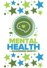 Mental Health Awareness Month in May. Annual campaign in United States. Raising awareness of mental health. Control and protection. Prevention campaign. Medical health care design. Vector illustration