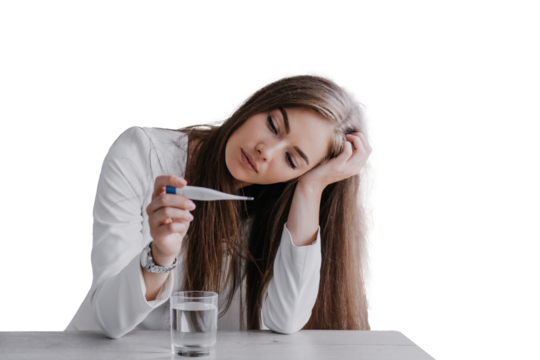 blonde caucasian young woman in white suit feels bad sits at table holds thermometer measures body temperature against transparent background. Beautiful female leans on hand feels fatigue. Illness - Powered by Adobe