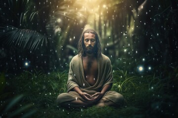 Man meditating in forest in lotus yoga pose. Generative ai illustration. - obrazy, fototapety, plakaty