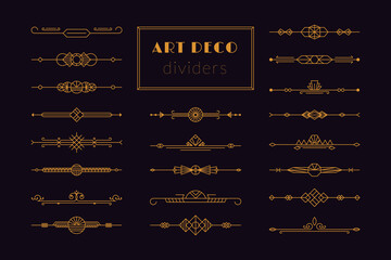 Art deco divider. Retro gold border 1920s decorative ornament, minimal frame header for invitation card. Vector line set © Studio Cantath
