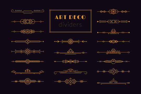 Art deco divider. Retro gold border 1920s decorative ornament, minimal frame header for invitation card. Vector line set
