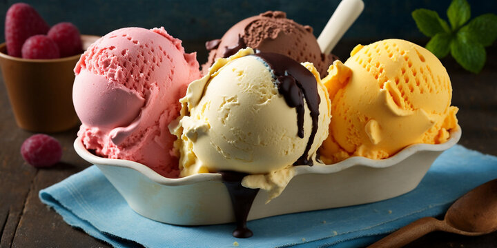 Assortment of ice cream balls, Generative ai