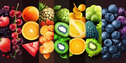 Background of mixed fruits and vegetables. Fresh ripe color food by ai generative