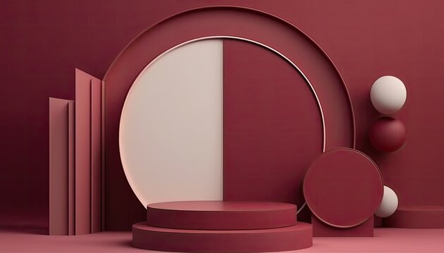 Empty podium mock up display, blank cosmetic ads stand product placement fashion ads on minimal red color background, pedestal mockup scene platform ai generative promotion concept.