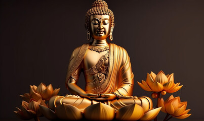 Golden Buddha statue with lotus flower decorations - Generative AI
