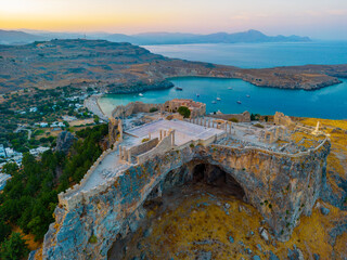 Sunset aerial view of Lindos Acropolis at Greek island Rhodes