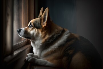 Naklejka na ściany i meble The dog sits by the window and looks out, generative AI
