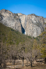 Ribbon Falls in Yosemite National Park, California, USA. Waterfall flows all year-round and is popular travel destination. 