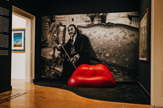 Prague, Czech - March 2023. Surrealist Mae West lips sofa by Salvador Dali