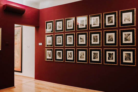 Prague, Czech - March 2023. Alphonse Mucha art exhibition in Central Gallery.