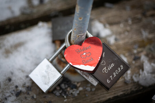 Love locks attached to a bridge